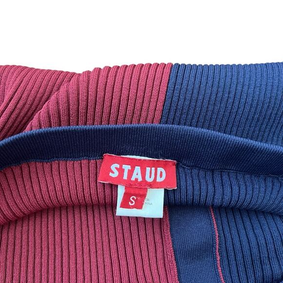 Staud Women’s Elms Color Block Two Tone Navy Bordeaux Knit Button Midi Skirt S - Picture 4 of 11